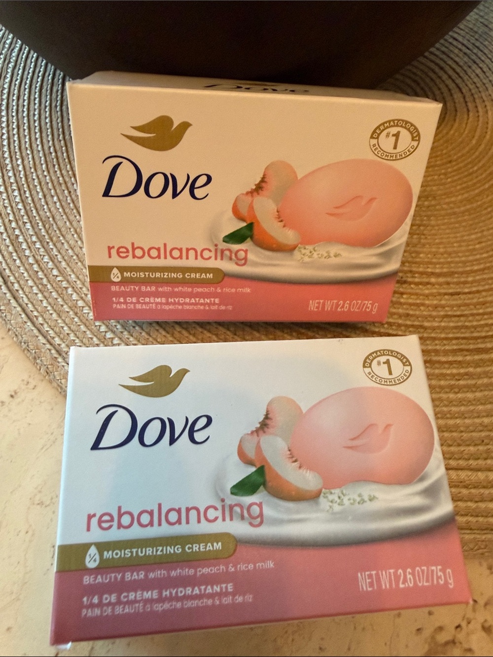 Dove Rebalancing Moisturizing Cream Beauty Bar White Peach & Rice Milk x2